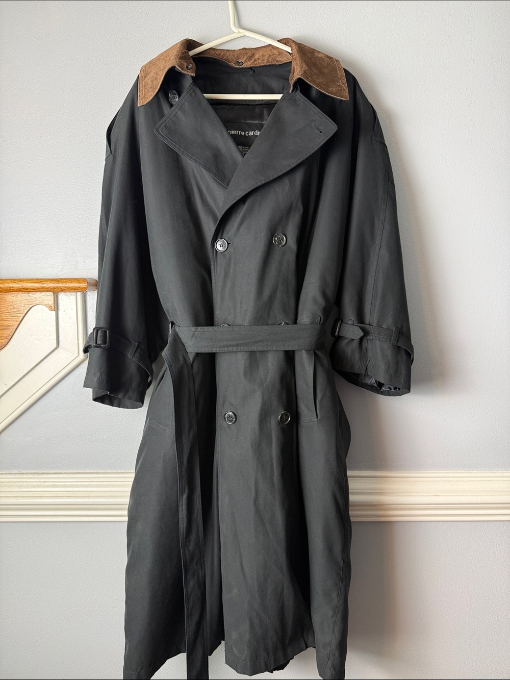 Vintage Pierre Cardin Black Trench Coat with Brown Suede Collar